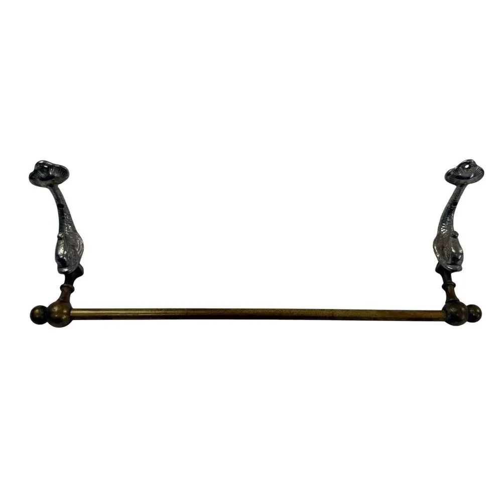 Vintage Koi Fish Dolphin Heraldic Brass Towel Bar Rack Holder MCM 14.5W